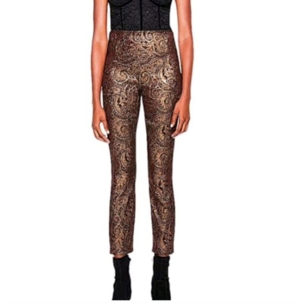 Alice + Olivia Metallic Gold and Burgundy Paisley Straight-leg Pants Size 6